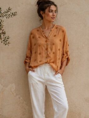 Gigi Moda Made in Italy 100% Cotton Blouse with Roll Tab Sleeves size Large